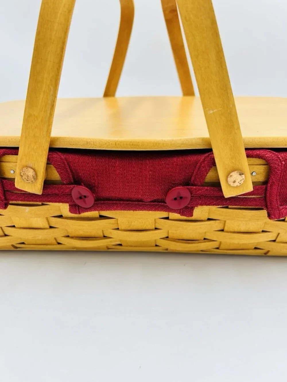 Longaberger Hostess Basket Two Handles Wooden Lid Red Fabric Plastic Liner 2002